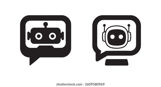 AI Chatbot Silhouette Vector Icon Set – Collection of Four Robot Chat Bubble Icons Representing Virtual Assistant, Artificial Intelligence, Customer Support, and Machine Learning Communication