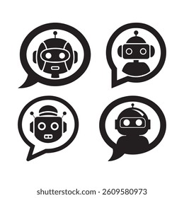 AI Chatbot Silhouette Vector Icon Set – Collection of Four Robot Chat Bubble Icons Representing Virtual Assistant, Artificial Intelligence, Customer Support, and Machine Learning Communication