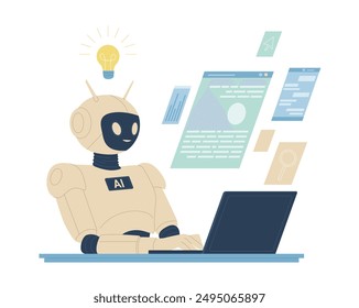 KI-Chatbot-Support, maschinelles Lernen, Chat-Interaktion von Kunde und Künstlicher Intelligenz. Nette Roboter-Tipps am Laptop, Online-Hilfe und Antworten zu Virtual Assistant Cartoon-Vektorillustration