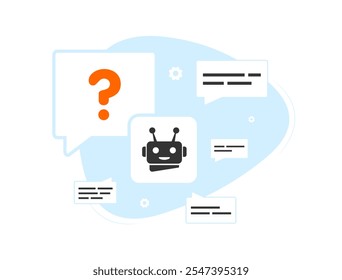 AI chatbot support with robot icon, chat bubbles and question mark. Ideal for concepts like virtual assistants, customer support automation, AI-driven communication and chatbot technology illustration