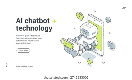AI chatbot technology isometric banner. Robot assistant on smartphone for customer support. Modern web template vector illustration for a landing page and online communication service