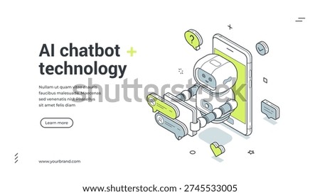 AI chatbot technology isometric banner. Robot assistant on smartphone for customer support. Modern web template vector illustration for a landing page and online communication service