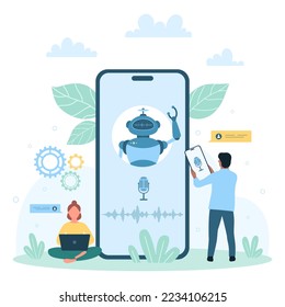 AI chatbot technology vector illustration. Cartoon tiny customers talk with robot in voice chat on phone screen, online help, advices and support service for people from virtual bot of mobile app