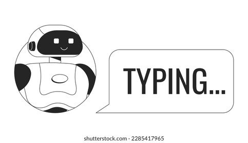AI chatbot typing black and white concept vector spot illustration. Editable 2D flat monochrome cartoon character for web design. Machine learning line art idea for website, mobile. Oswald font used