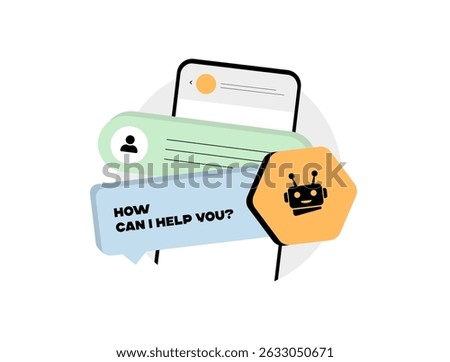 AI chatbot UX design with virtual assistant interface, chatbot conversation screen. User and chat bot interaction, artificial intelligence assistant UI. Isolated vector illustration