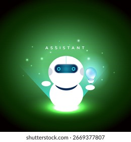 AI chatbot virtual assistant robot holding light bulb, symbol of smart idea, innovation, artificial intelligence, and modern digital automation concept.