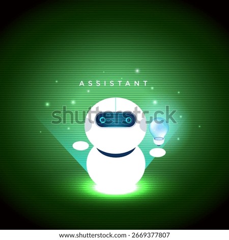 AI chatbot virtual assistant robot holding light bulb, symbol of smart idea, innovation, artificial intelligence, and modern digital automation concept.