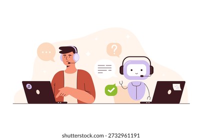 AI chatbot vs human customer support. Speed and efficiency comparison concept. Vector flat illustration isolated on a white background.