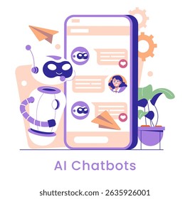 AI Chatbots concept. The interaction between users and virtual assistants through messaging platforms. Various applications like customer service and support enhance engagement and streamline