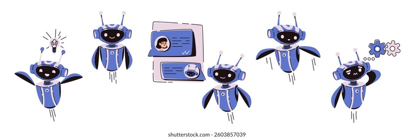 AI chatbots set isolated on white. Vector cartoon illustration of chatbot characters, artificial intelligence robot with smiling face and antenna, virtual assistance mascot, mobile app character