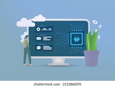 AI Chatbots for website vector 3d concept. Digital messaging channels for customer support and service, live chat with artificial intelligence bots.