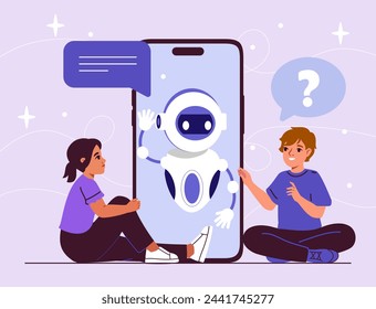 La IA en la educación infantil. Inteligencia artificial y aprendizaje automático. Niño y niña sentados cerca de un teléfono inteligente. Respuesta de bot de chat a preguntas. Ilustración plana del vector de la historieta aislada en el fondo púrpura