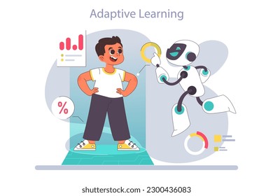 AI in children education. Little school boy gaining knowledge with help of artificial intelligence and adaptive learning. School course study with virtual assistant. Flat Vector illustration