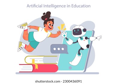 AI in children education. Little school girl gaining knowledge with help of artificial intelligence. School course study with virtual assistant. Flat Vector illustration