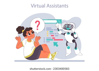 AI in children education. Little school girl gaining knowledge with help of artificial intelligence. School course study with virtual assistant. Flat Vector illustration