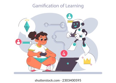 AI in children education. Little school girl gaining knowledge with help of artificial intelligence and gamification of education. School course study with virtual assistant. Flat Vector illustration