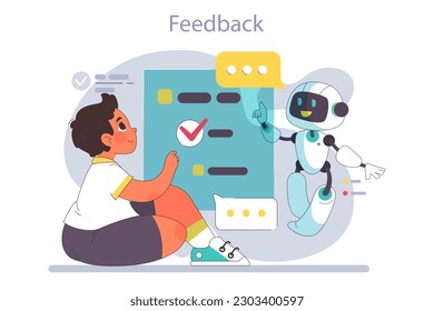 AI in children education. Little school boy gaining knowledge with help of artificial intelligence and its feedback on development. School course study with virtual assistant. Flat Vector illustration