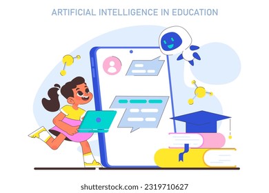 AI in children education. Little school girl gaining knowledge with help of artificial intelligence. School course study with virtual assistant. Flat Vector illustration