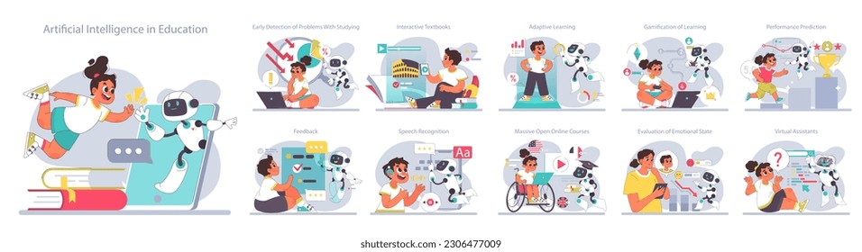 AI in children education set. Little school kid gaining knowledge with help of artificial intelligence. School course study with virtual assistant. Flat Vector illustration