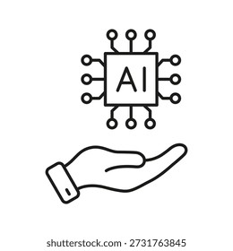 Ai Chip Above Hand Line Icon. Artificial Intelligence Support And Technology Integration Outline Symbol. Human-Machine Collaboration. Editable Stroke. Isolated Vector Illustration.
