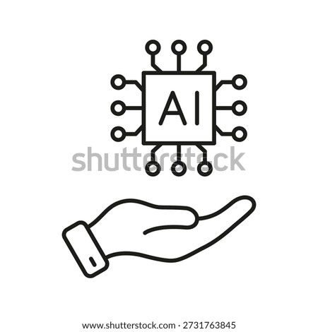 Ai Chip Above Hand Line Icon. Artificial Intelligence Support And Technology Integration Outline Symbol. Human-Machine Collaboration. Editable Stroke. Isolated Vector Illustration.