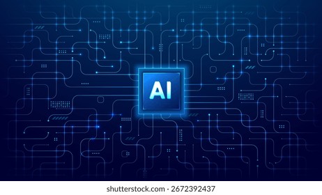 AI-Chip mit abstrakter Leiterplatte auf technologisch blauem Hintergrund. Lichtleiter im Zentrum von tech bg. Digitale Vektorgrafik. Prozessor oder Mikrochip mit Symbol für künstliche Intelligenz.