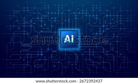 AI chip with abstract circuit board on technology blue background. Light semiconductor in the center of tech bg. Digital vector illustration. Processor or microchip with Artificial Intelligence icon.