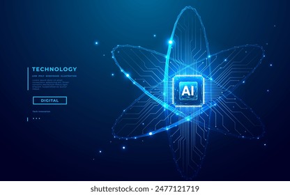 Ai chip and abstract digital atom icon on technology background. Science tech bg. Circuit light lines and cpu processor. Artificial Intelligence innovation concept. 3D wireframe vector illustration.