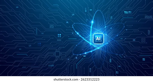 Ai chip e ícone átomo digital abstrato na placa de circuito. Histórico de tecnologia futurista. Ciência e tecnologia bg. Circuito de linhas de luz e processador. conceito de inteligência artificial. Ilustração vetorial.
