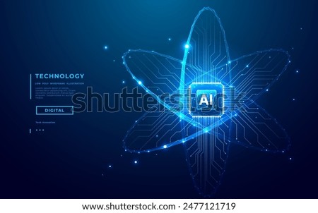 Ai chip and abstract digital atom icon on technology background. Science tech bg. Circuit light lines and cpu processor. Artificial Intelligence innovation concept. 3D wireframe vector illustration.