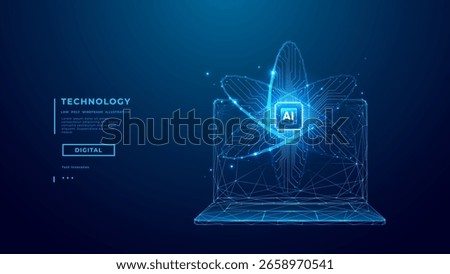 Ai chip and abstract digital atom icon on laptop screen on technology background. Science tech bg. Circuit light lines and cpu processor. 3D science wireframe vector illustration.