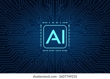 AI chip background with circuit light elements in blue on technology dark background. Circuit board, AI semiconductor and computer processor. Abstract polygonal microchip. 