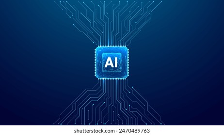 Fondo de chip de IA con Elementos de luz de línea de circuito. Fondo azul Tecnología. Placa de circuitos, semiconductor AI y procesador de computadora. Abstractas Ilustración vectorial de microchip poligonal. 