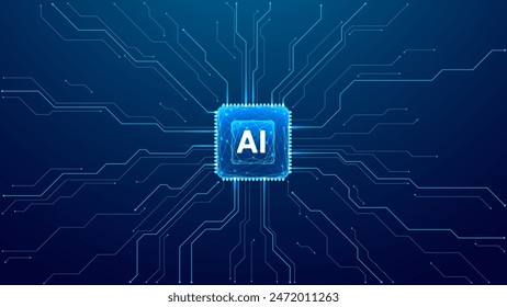 AI chip background on technology blue background. Circuit board. Ai Tech bg. Semiconductor or CPU processor. Artificial intelligence concept. Abstract digital vector illustration. Big data. 