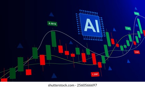 AI chip with candlestick chart graph with indicator. Stock market, forex trading, financial investment and Artificial Intelligence concept background. Vector illustration