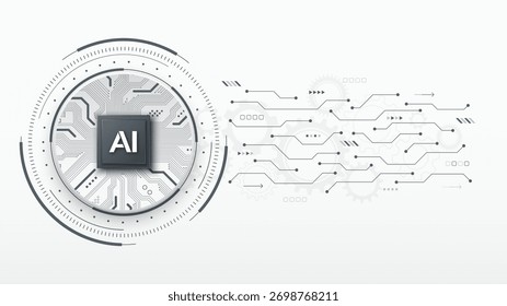 AI Chip with circuit board on a futuristic HUD frame. Machine learning and automation concept. Artificial intelligence tech background. Smart tech and algorithm. Vector illustration