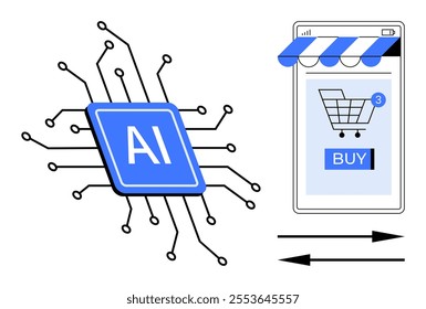 AI chip with circuit lines connected to a smartphone displaying a shopping cart and buy button. Ideal for e-commerce technology, innovation, artificial intelligence, online shopping, and digital