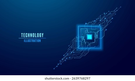 AI chip with circuit wires with bright light electric dots. Artificial Intelligence semiconductor concept. Tech circuit blueprint backdrop for presentation, banner, and website. Abstract vector 