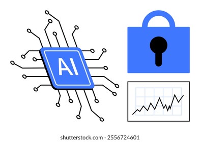 AI chip with circuitry, a blue padlock symbolizing security, and a growth chart. Ideal for technology, cybersecurity, AI, data security, and innovation. Simple, minimalist, vector style