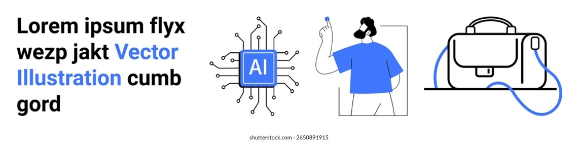 O chip de IA com circuitos, a pessoa escrevendo a bordo e a pasta representam tecnologia, criatividade e trabalho profissional. Ideal para blogs de tecnologia, conteúdo educacional, sites de negócios, IA, start-up