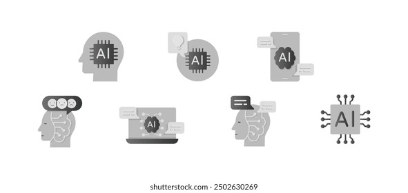 AI Chip, Digital Brain, and Machine Learning Icons for Tech Interfaces
