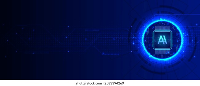 AI Chip with Digital Circuit and Glowing Blue Interface