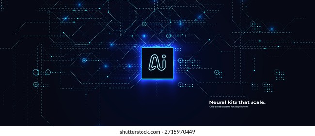 AI Chip Digital Technology Abstract Data Background. Microchip Processor Motherboard Glow Blue Digital Signal. Artificial Intelligence Server Microprocessor Semiconductor Backdrop. Vector BG