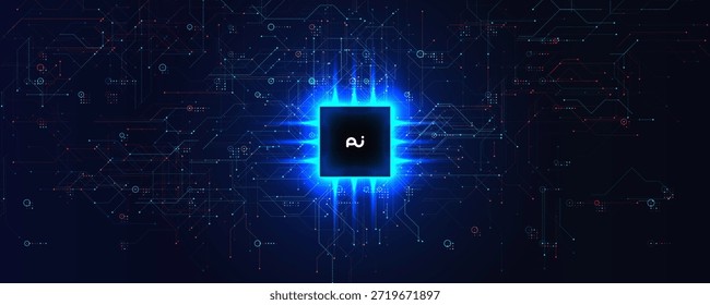 AI Chip Digital Technology Resumo dos dados. Sinal Digital Azul Brilhante Da Motherboard Do Processador Do Microchip. Tela de Fundo de Microprocessador de Servidor de Inteligência Artificial. Vetor BG