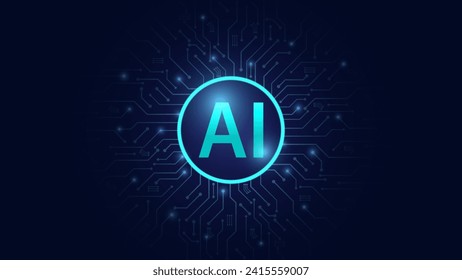 La tecnología digital de chips de IA en un fondo azul oscuro. Procesador de ordenador AI. Diseño de concepto de inteligencia artificial de tecnología digital. Diseño tecnológico moderno. Fondo de CPU y placa de circuito.