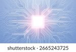 AI chip glows bright white and pink neon light. Tech background. Circuit board layout. Artificial Intelligence innovation concept. Computer chip or semiconductor on futuristic vector illustration.
