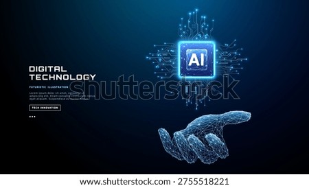 AI chip held by human hand with circuit connections spreading outward. Digital technology concept showing artificial intelligence hardware and futuristic semiconductor innovation. Tech vector