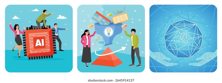 AI chip to help and support work success. Collaboration on a large funnel representing machine learning. Hands holding a spherical network. Embrace AI, Artificial Intelligence adoption concept.