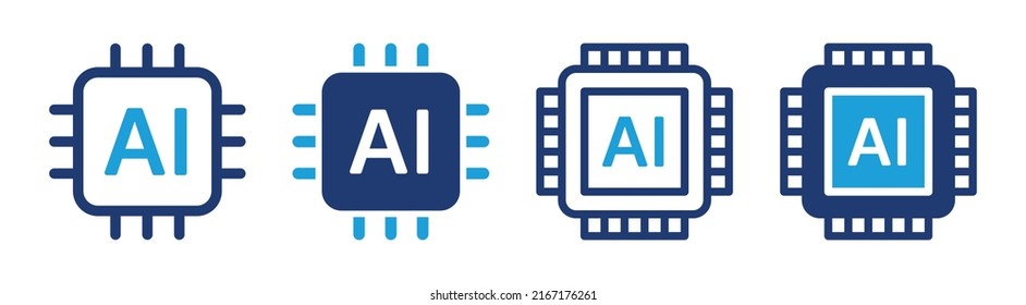 AI chip icon circuit vector set. Artificial intelligence on CPU processor illustration.