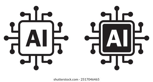AI chip icon circuit vector set. Artificial intelligence on CPU processor illustration. Ai chip icon vector silhouette set. Artificial intelligence AI processor chip vector icon symbol. AI system icon